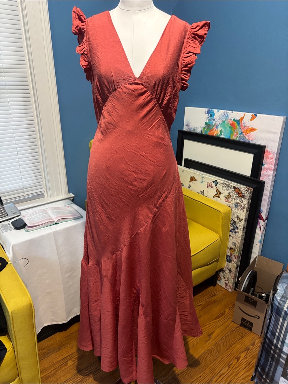 Endless Rose Coral Red V-Neck Ruffle Sleeve Maxi Dress